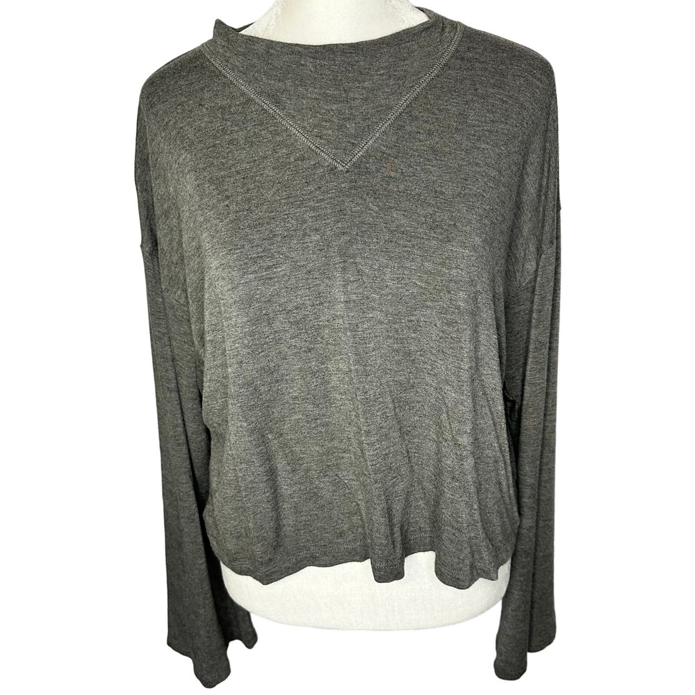 LNA REVOLVE Grey Bell Sleeve Top Women Medium Minimalist V-Stitch Crew Sweater